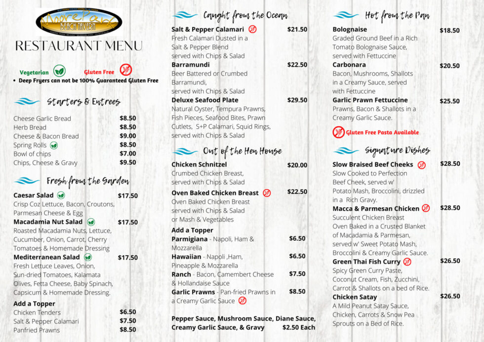 Menu Moore Park Beach Tavern
