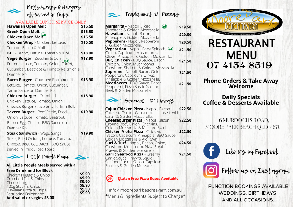 Moore Park Beach Tavern menu